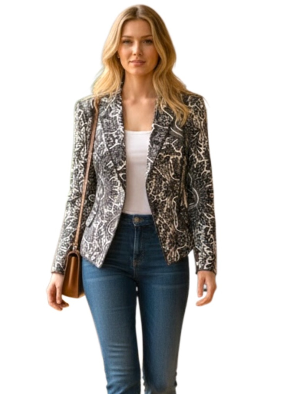 Asara Black/Cream Print Cotton Stretch One Button Short Fitted Blazer (8)
